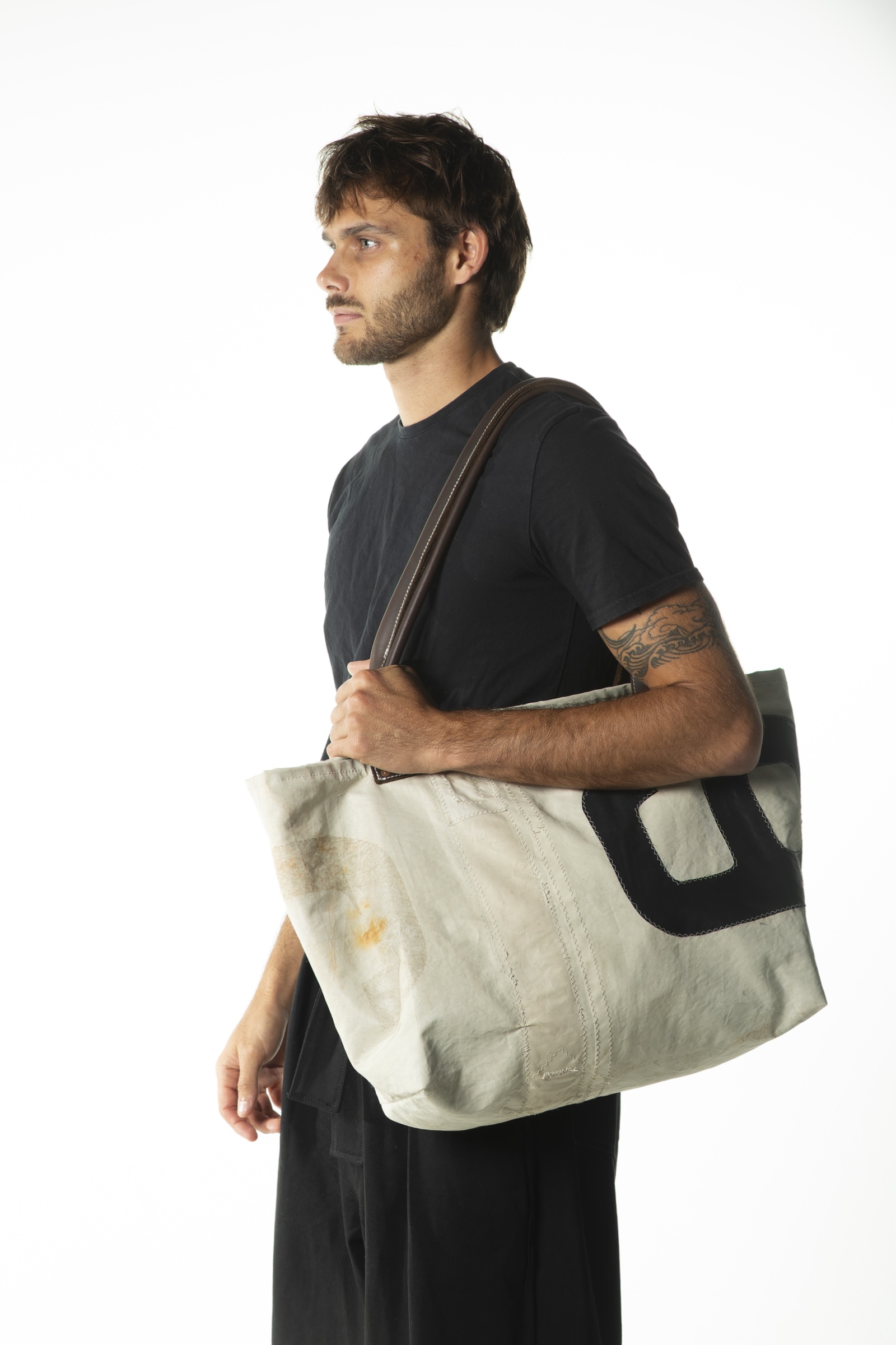 Sailcloth tote on shoulder